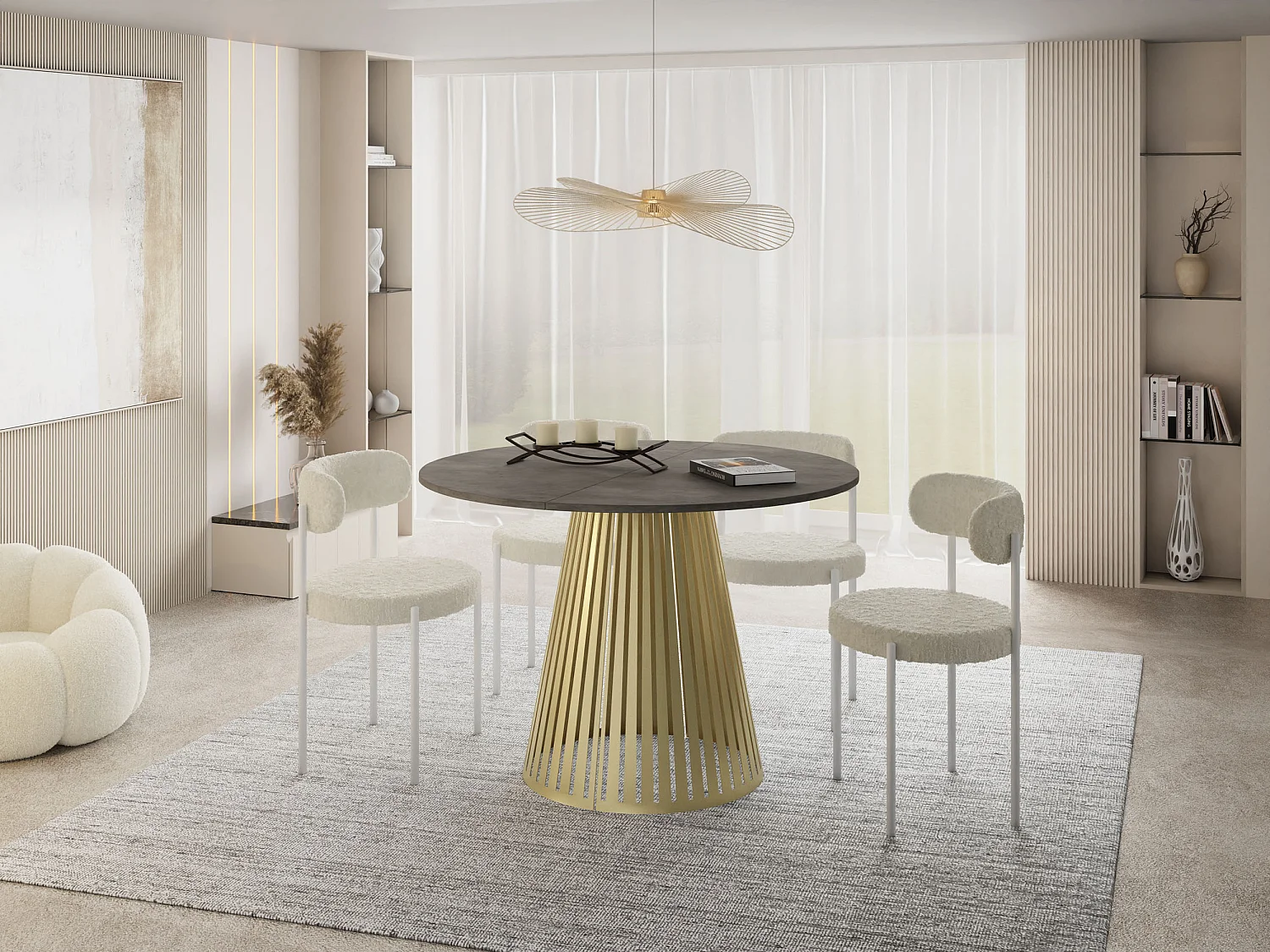 Esstisch Rund Ausziehbar mit Lamellen im Loft-Stil – 100 cm – Industrieller Tisch mit Goldenen Metallbeinen, Platzsparend – Beton-Optik Dunkelgrau