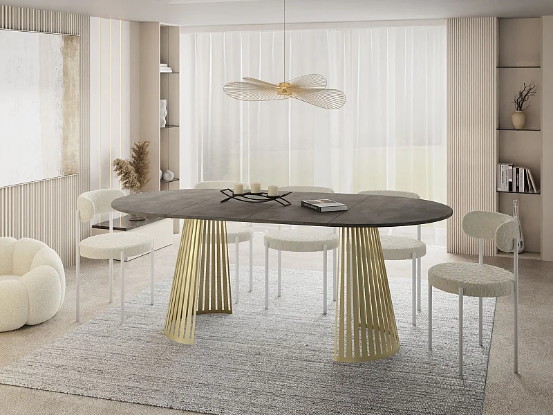 Table à Manger Ronde Extensible Style Loft – 100 cm – Design Industriel avec Pieds en Métal Doré, Gain de Place pour Salon – Béton Gris Foncé