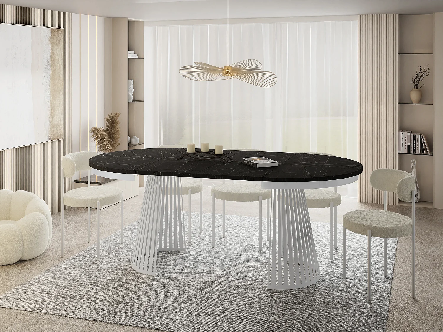 Table à Manger Ronde Extensible Style Loft – 120 à 200 cm – Design Industriel avec Pieds en Métal Blanc, Gain de Place pour Salon ou Salle à Manger – Marbre Noir