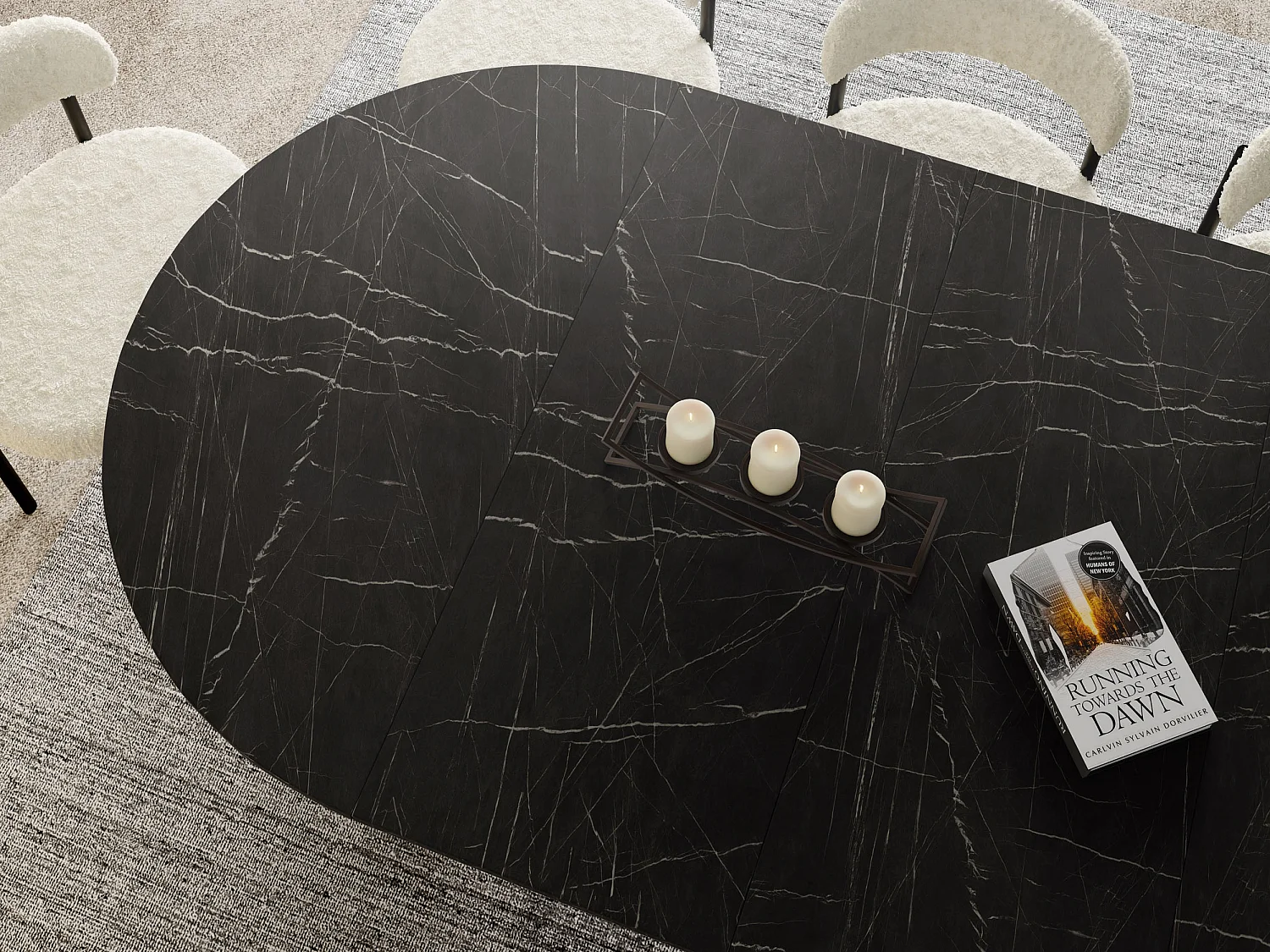 Table à Manger Ronde Extensible Style Loft – 120 à 200 cm – Design Industriel avec Pieds en Métal Blanc, Gain de Place pour Salon ou Salle à Manger – Marbre Noir