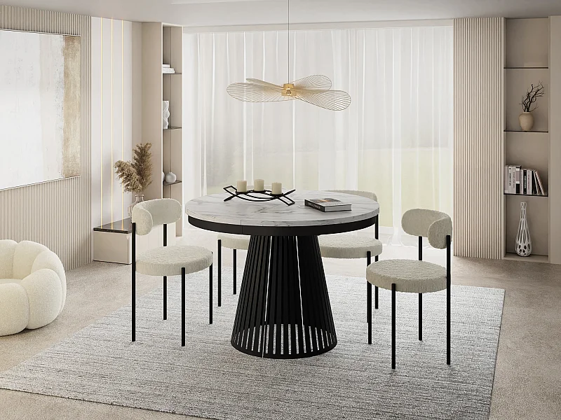 Table à Manger Ronde Extensible avec Lamelles Style Loft 120 cm – Design Industriel avec Pieds en Métal Noir, Gain de Place pour Salon – Marbre Blanc