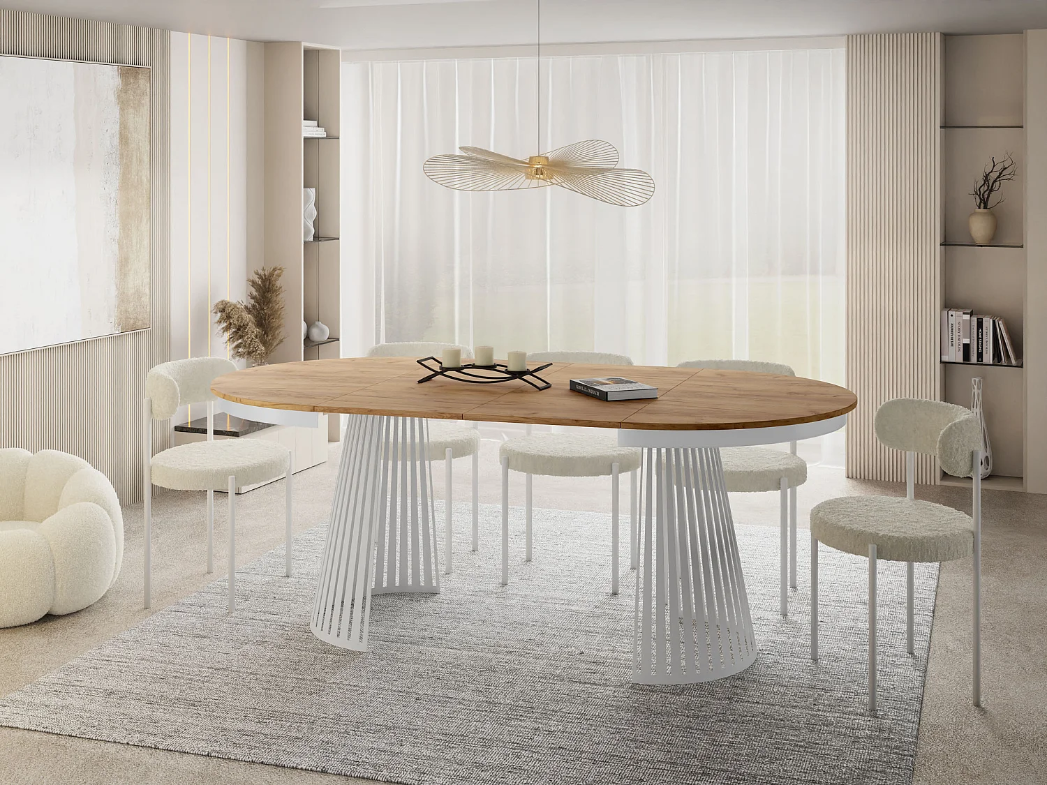 Esstisch Rund Ausziehbar mit Lamellen im Loft-Stil – 100 cm – Industrieller Tisch mit Weißen Metallbeinen, Platzsparend für Wohnzimmer oder Esszimmer – Braun