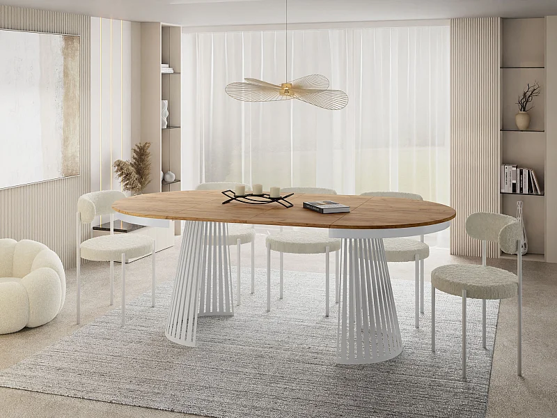 Esstisch Rund Ausziehbar mit Lamellen im Loft-Stil – 100 cm – Industrieller Tisch mit Weißen Metallbeinen, Platzsparend für Wohnzimmer oder Esszimmer – Braun