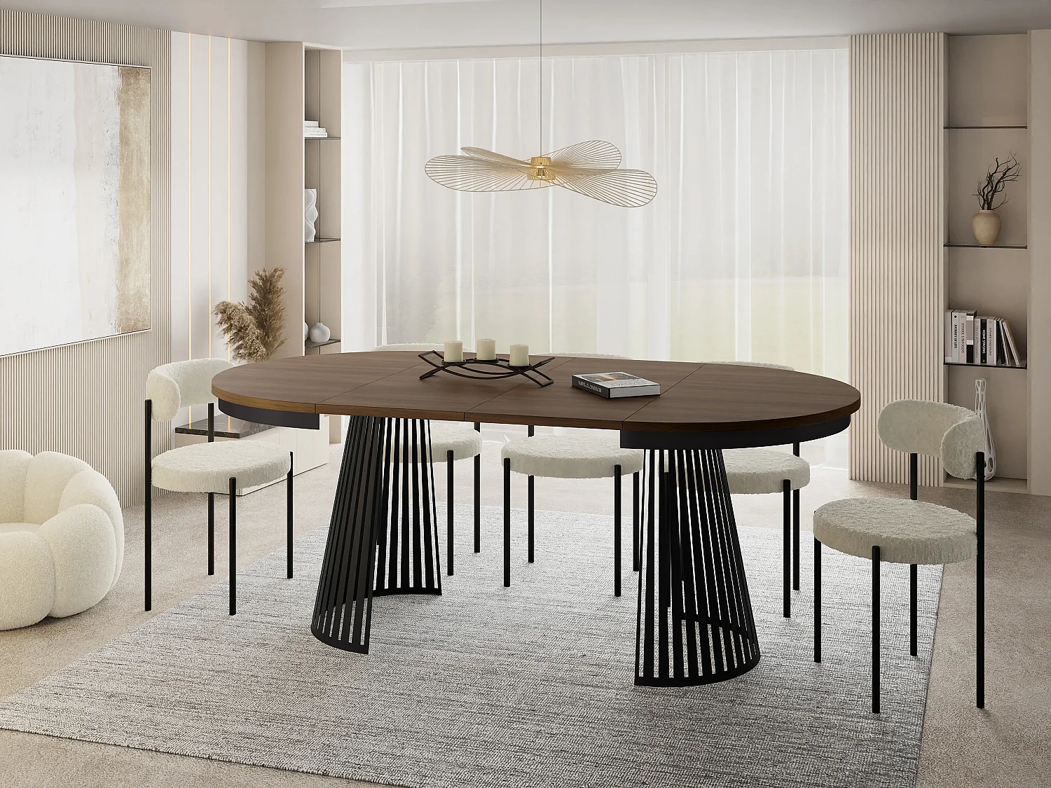 Table à Manger Ronde Extensible avec Lamelles Style Loft 100 cm – Design Industriel avec Pieds en Métal Noir, Gain de Place pour Salon – Marron Noyer