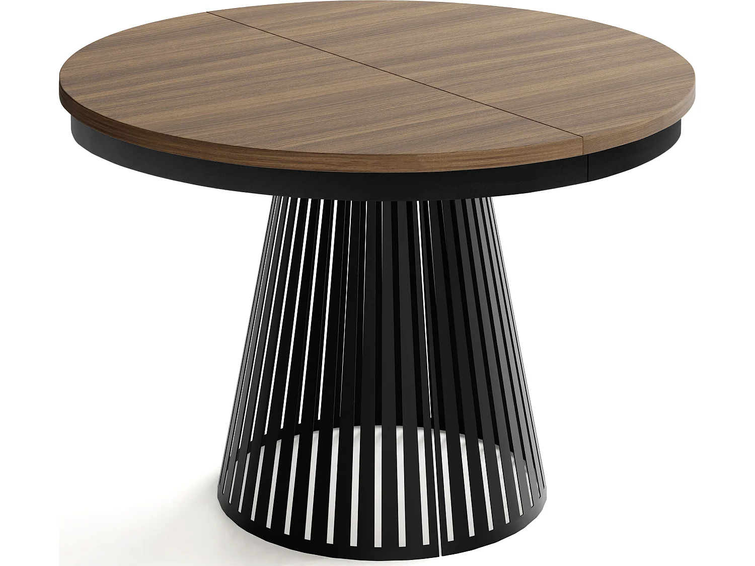 Esstisch Rund Ausziehbar mit Lamellen im Loft-Stil – 100 cm – Industrieller Tisch mit Schwarzem Metallgestell, Platzsparend für Wohnzimmer – Walnuss Braun