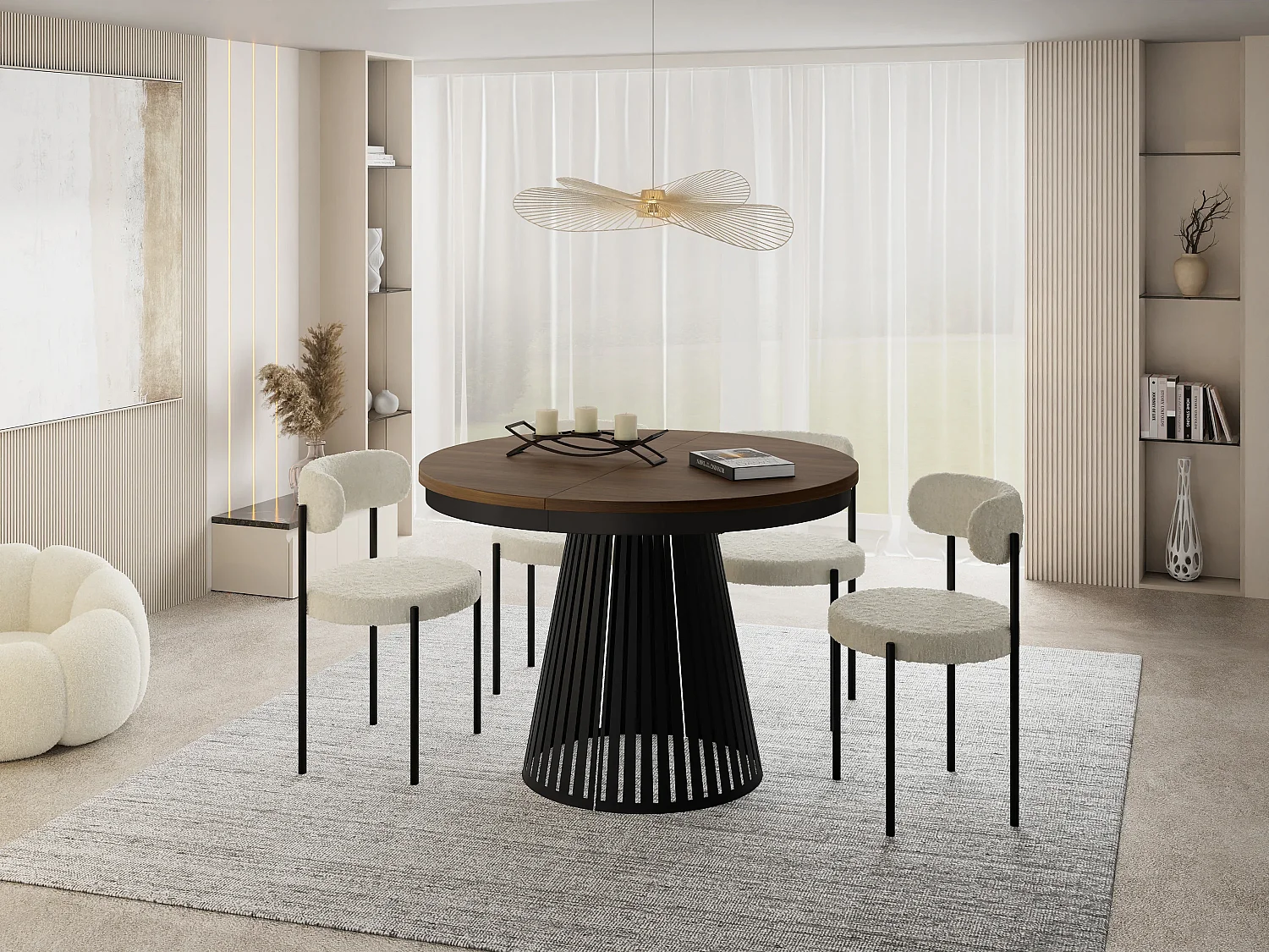 Esstisch Rund Ausziehbar mit Lamellen im Loft-Stil – 100 cm – Industrieller Tisch mit Schwarzem Metallgestell, Platzsparend für Wohnzimmer – Walnuss Braun