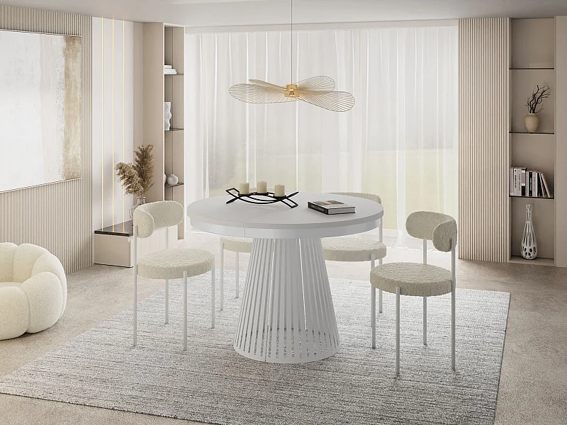 Esstisch Rund Ausziehbar mit Lamellen im Loft-Stil – 100 cm – Industrieller Tisch mit Weißen Metallbeinen, Platzsparend für Wohnzimmer Esszimmer – Weiß