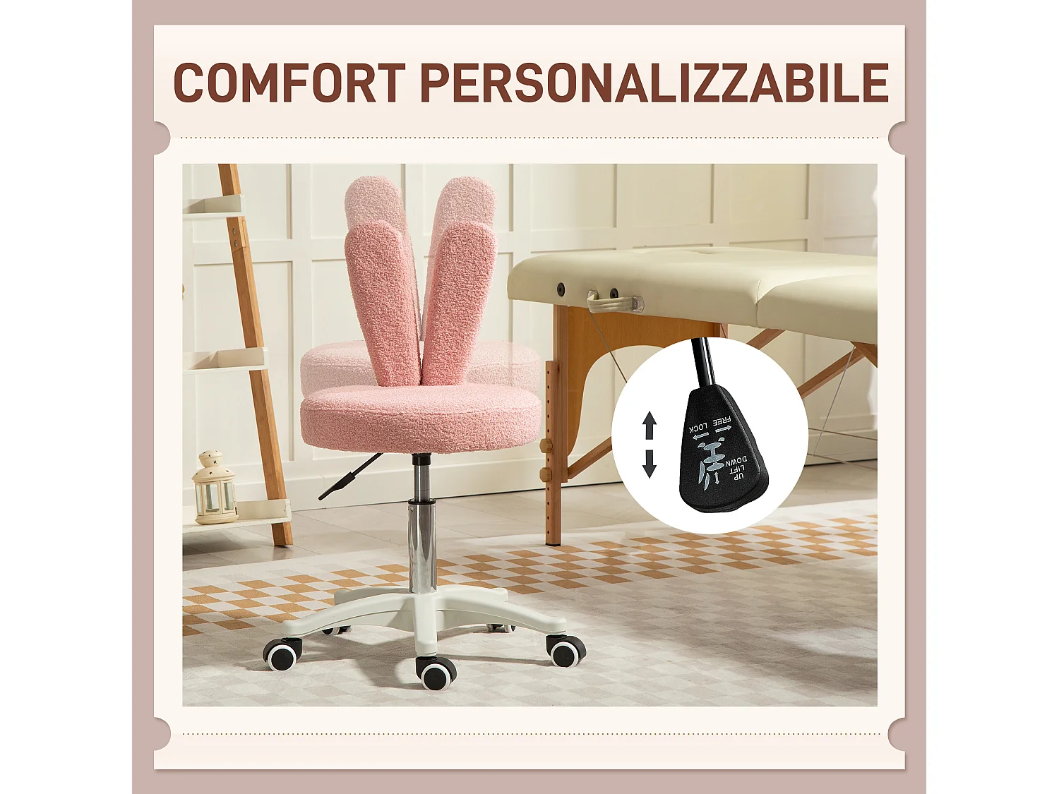 Sedia da scrivania a orecchie di coniglio regolabile in pile rosa