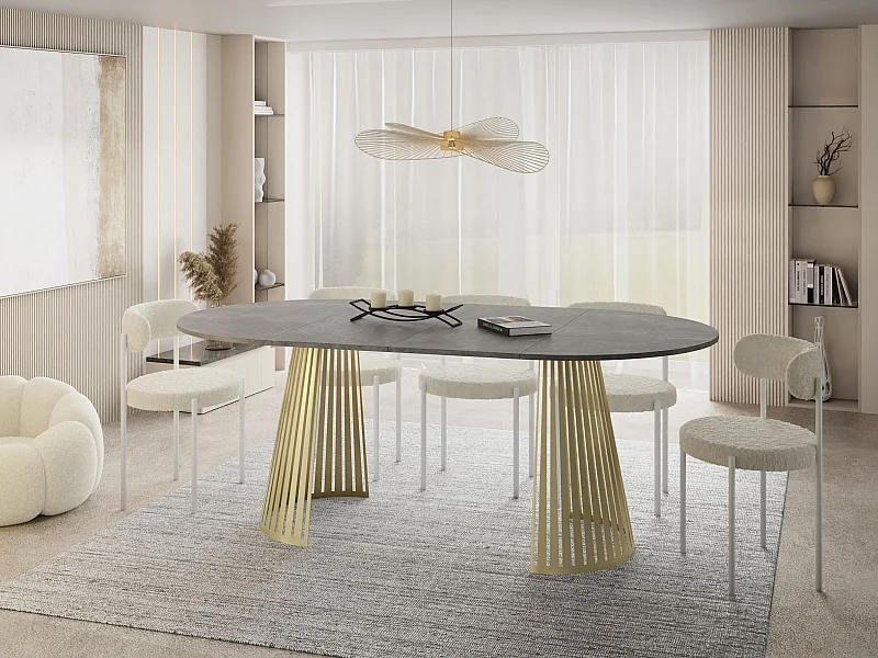 Esstisch Rund Ausziehbar mit Lamellen im Loft-Stil – 100 cm – Industrieller Tisch mit Goldenen Metallbeinen, Platzsparend für Wohnzimmer – Grauer Beton