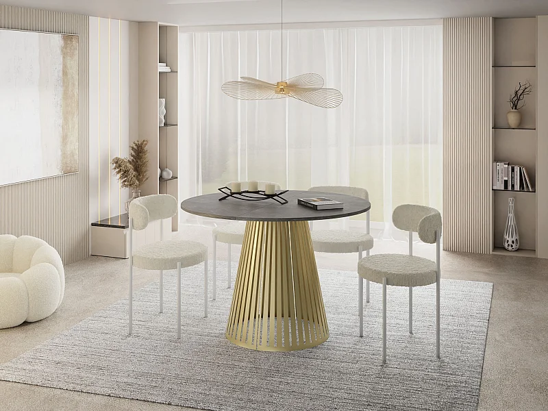 Esstisch Rund Ausziehbar mit Lamellen im Loft-Stil – 100 cm – Industrieller Tisch mit Goldenen Metallbeinen, Platzsparend für Wohnzimmer – Grauer Beton