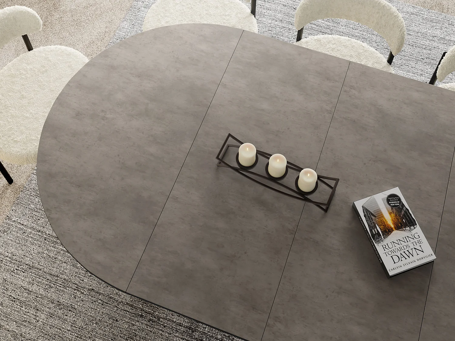 Esstisch Rund Ausziehbar mit Lamellen im Loft-Stil – 120 cm – Industrieller Tisch mit Schwarzen Metallbeinen, Platzsparend für Esszimmer – Beton-Optik Dunkelgrau