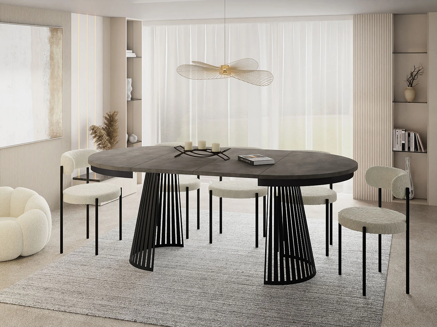 Esstisch Rund Ausziehbar mit Lamellen im Loft-Stil – 120 cm – Industrieller Tisch mit Schwarzen Metallbeinen, Platzsparend für Esszimmer – Beton-Optik Dunkelgrau