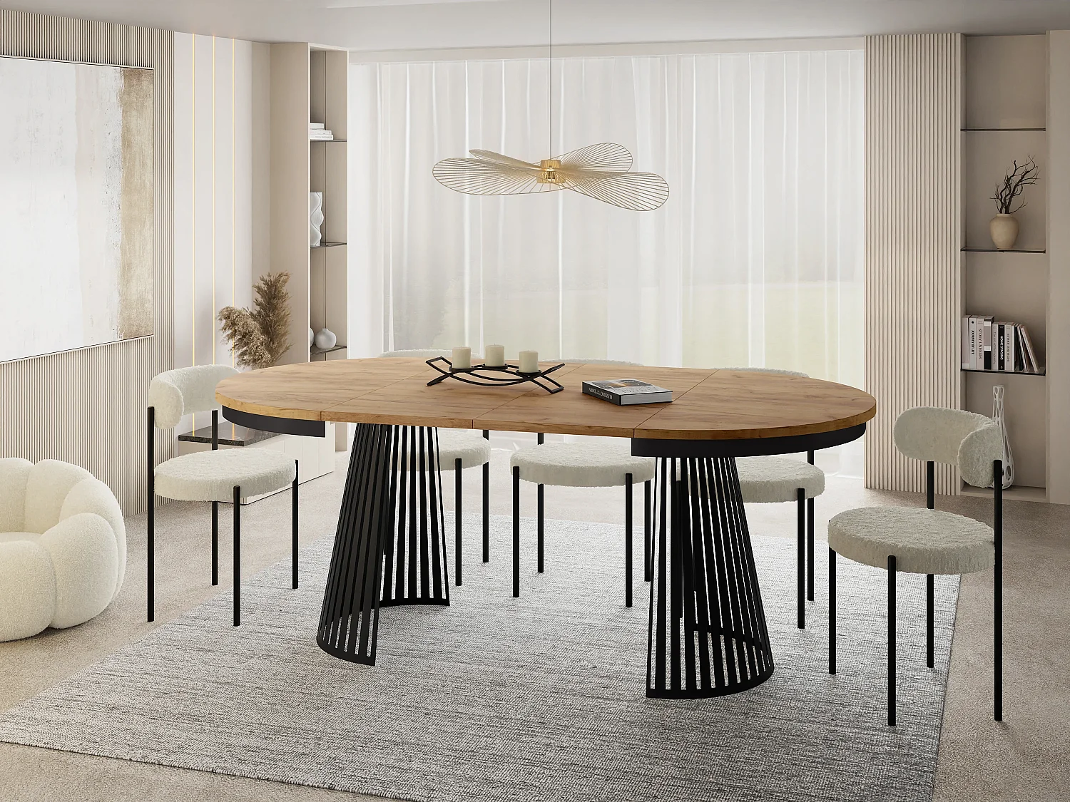 Esstisch Rund Ausziehbar mit Lamellen im Loft-Stil – 120 cm – Industrieller Tisch mit Schwarzen Metallbeinen, Platzsparend für Wohnzimmer Esszimmer – Braun