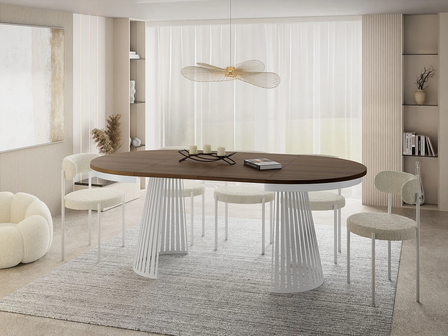 Esstisch Rund Ausziehbar mit Lamellen im Loft-Stil – 100 cm – Industrieller Tisch mit Weißen Metallbeinen, Platzsparend für Wohnzimmer – Walnuss Braun