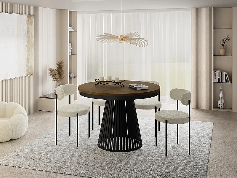 Table à Manger Ronde Extensible avec Lamelles Style Loft 120 cm – Design Industriel avec Pieds en Métal Noir, Gain de Place pour Salon – Marron