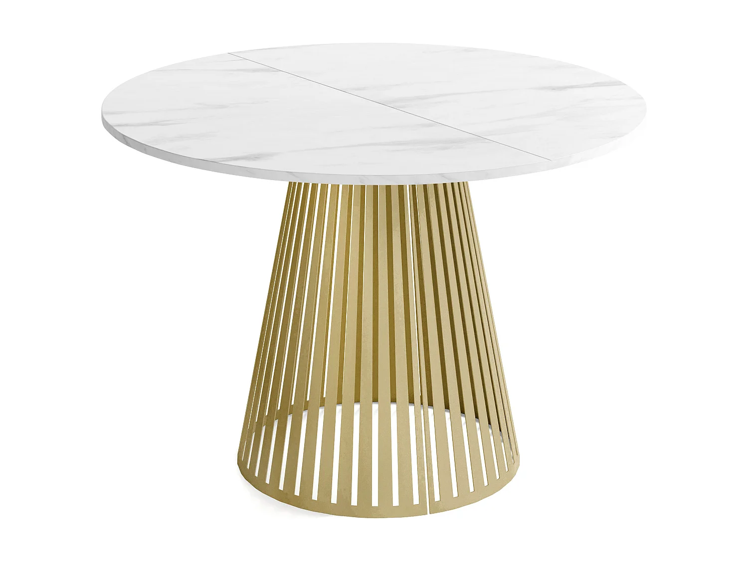 Esstisch Rund Ausziehbar mit Lamellen im Loft-Stil – 100 cm – Industrieller Tisch mit Goldenen Metallbeinen, Platzsparend für Wohnzimmer – Marmor Weiß