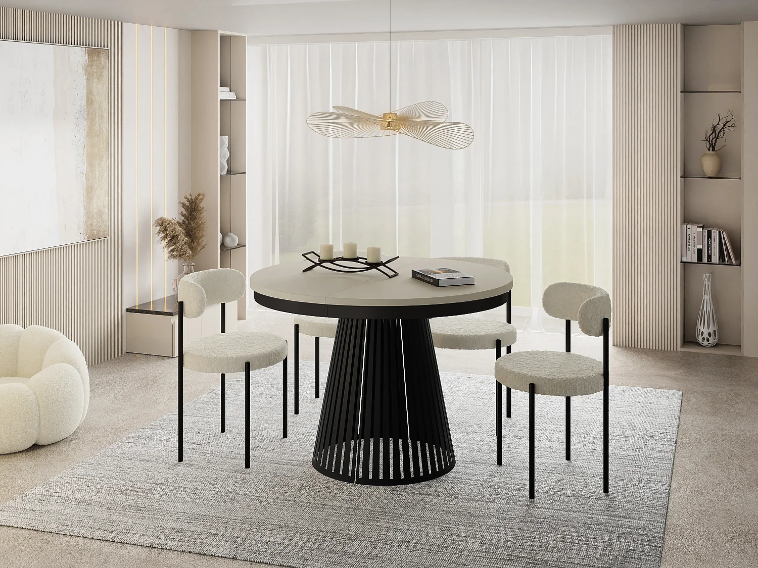 Table à Manger Ronde Extensible avec Lamelles Style Loft 100 cm – Design Industriel avec Pieds en Métal Noir, Gain de Place pour Salon – Beige Cachemire