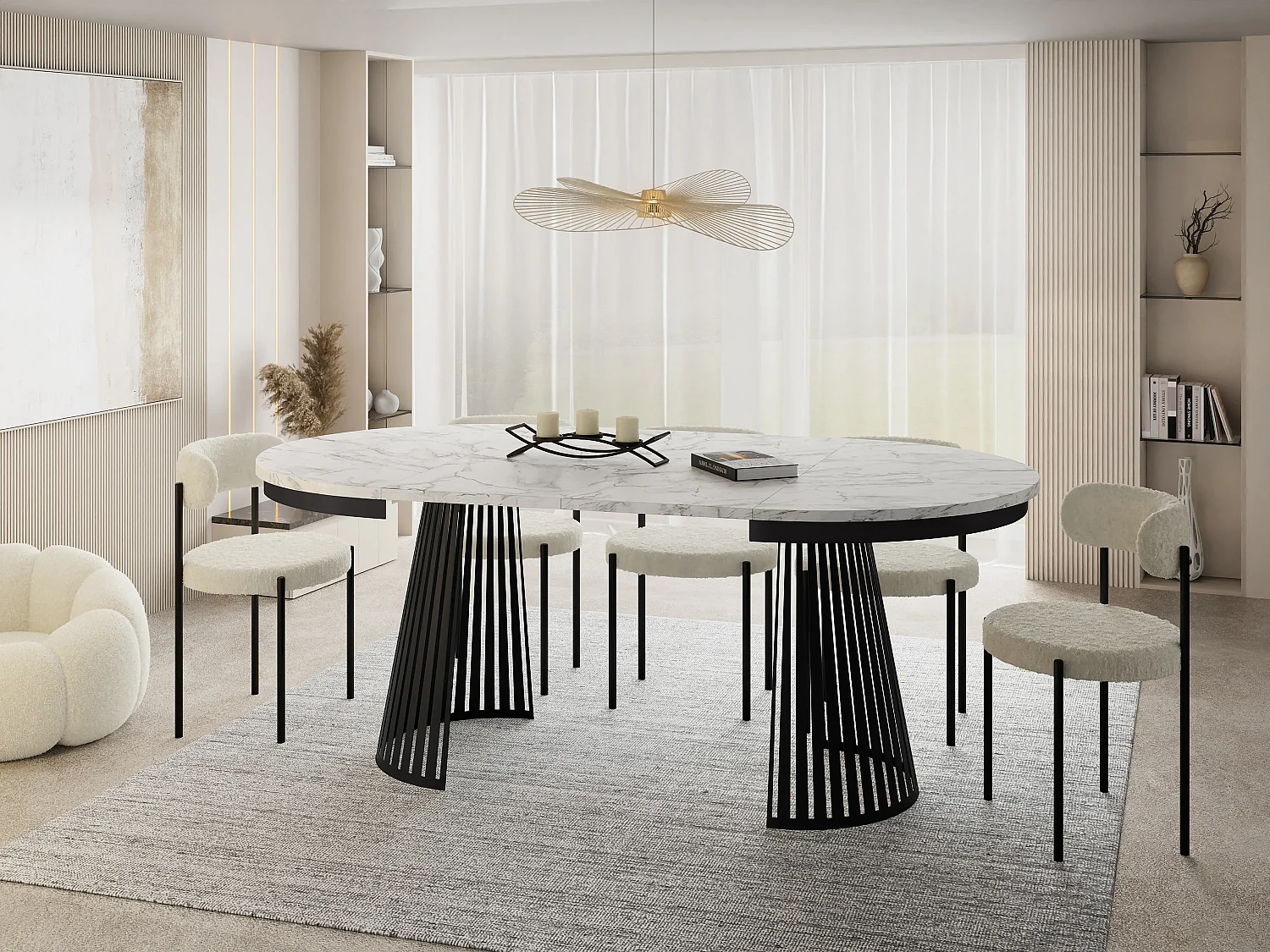 Esstisch Rund Ausziehbar mit Lamellen im Loft-Stil – 100 cm – Industrieller Tisch mit Schwarzen Metallbeinen, Platzsparend für Wohnzimmer Esszimmer – Marmor Weiß