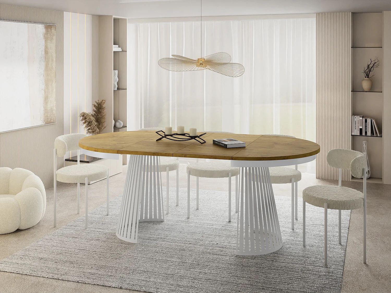 Table à Manger Ronde Extensible Style Loft – 100 à 180 cm – Design Industriel avec Pieds en Métal Blanc, Gain de Place pour Salon ou Salle à Manger – Marron