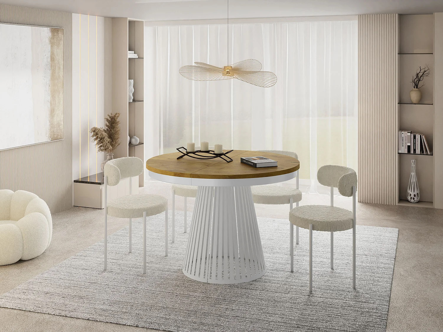 Esstisch Rund Ausziehbar mit Lamellen im Loft-Stil – 100 cm – Industrieller Tisch mit Weißen Metallbeinen, Platzsparend für Wohnzimmer Esszimmer – Braun