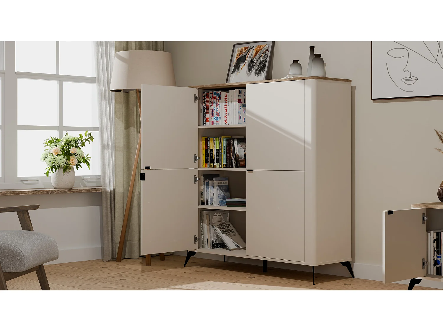 Cordoba 4D Commode - 4 portes 8 étagères - 43x125x135 cm - Cachemire Beige / Chêne Castello