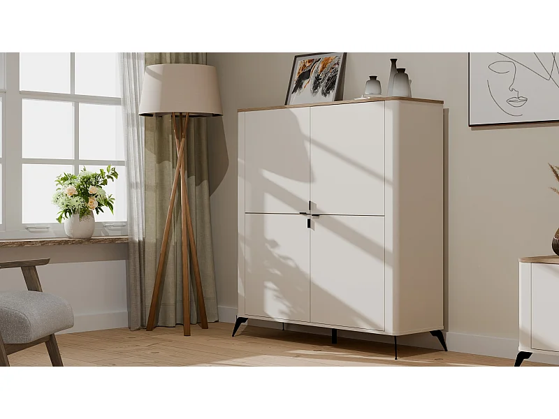 Cordoba 4D Commode - 4 portes 8 étagères - 43x125x135 cm - Cachemire Beige / Chêne Castello