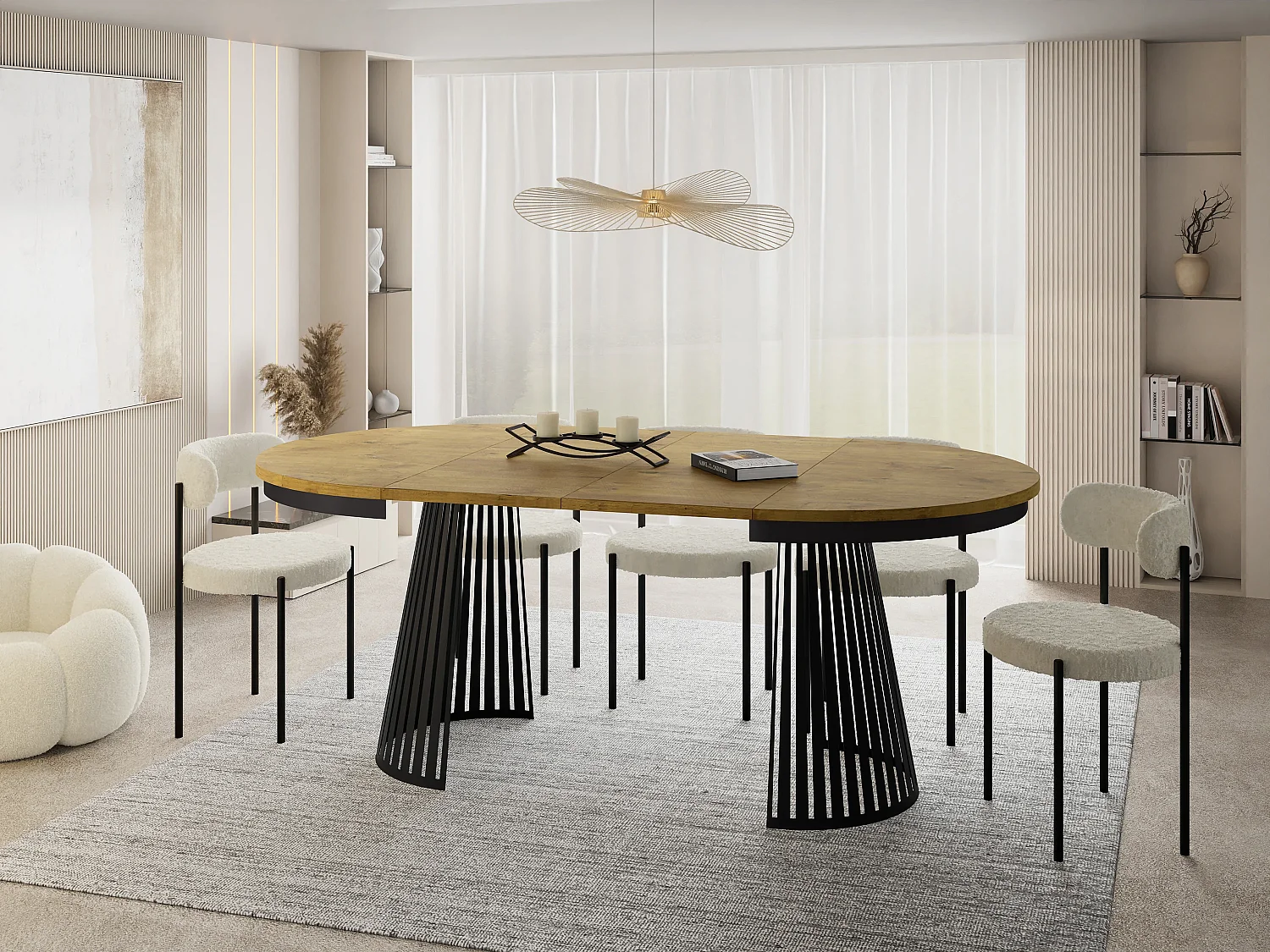 Esstisch Rund Ausziehbar mit Lamellen im Loft-Stil – 100 cm – Industrieller Tisch mit Schwarzen Metallbeinen, Platzsparend für Wohnzimmer Esszimmer – Braun