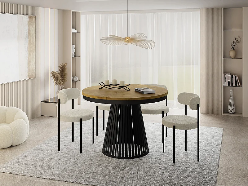 Esstisch Rund Ausziehbar mit Lamellen im Loft-Stil – 100 cm – Industrieller Tisch mit Schwarzen Metallbeinen, Platzsparend für Wohnzimmer Esszimmer – Braun