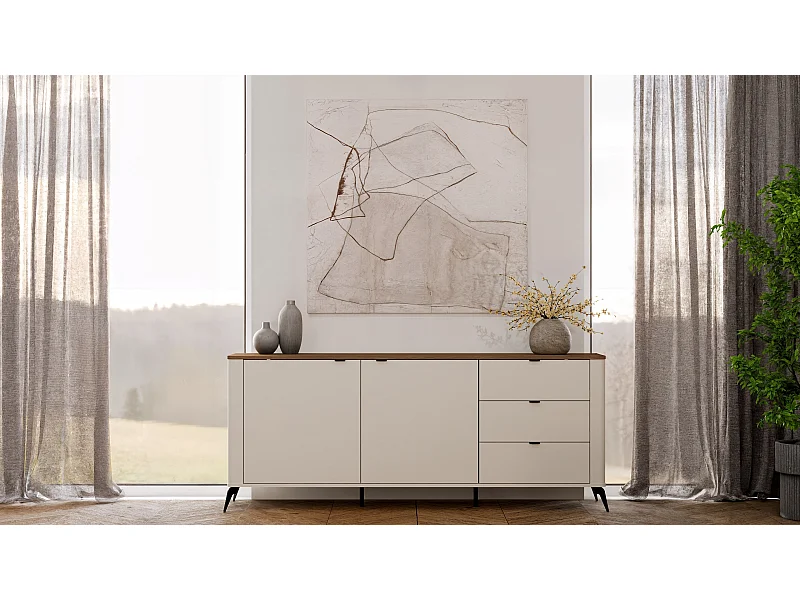 Cordoba 2D3S Commode – 3 tiroirs, 2 portes – 43 x 183 x 75 cm – Beige cachemire / Chêne Castello