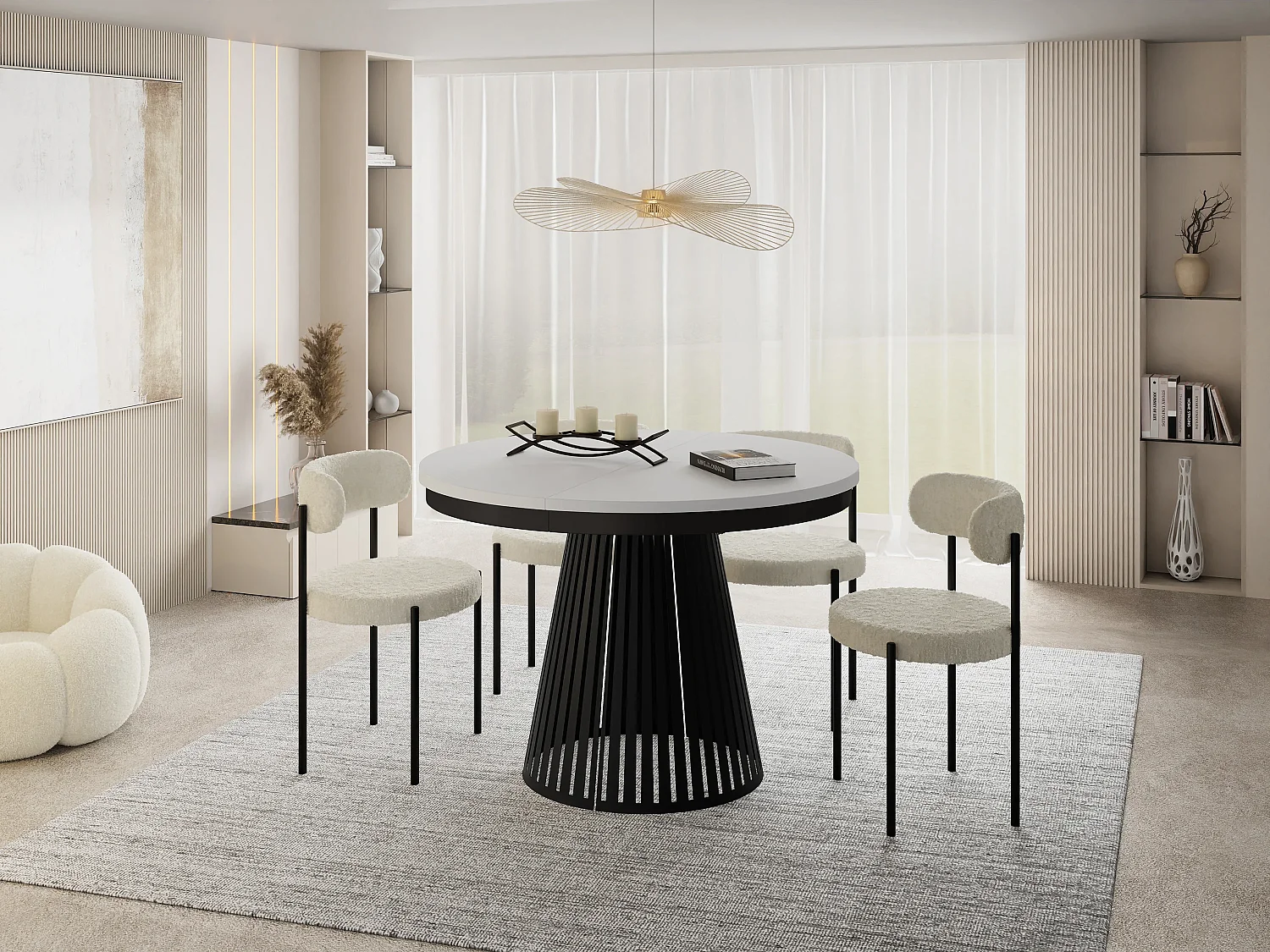 Esstisch Rund Ausziehbar mit Lamellen im Loft-Stil – 120 cm – Industrieller Tisch mit Schwarzen Metallbeinen, Platzsparend für Wohnzimmer Esszimmer – Weiß