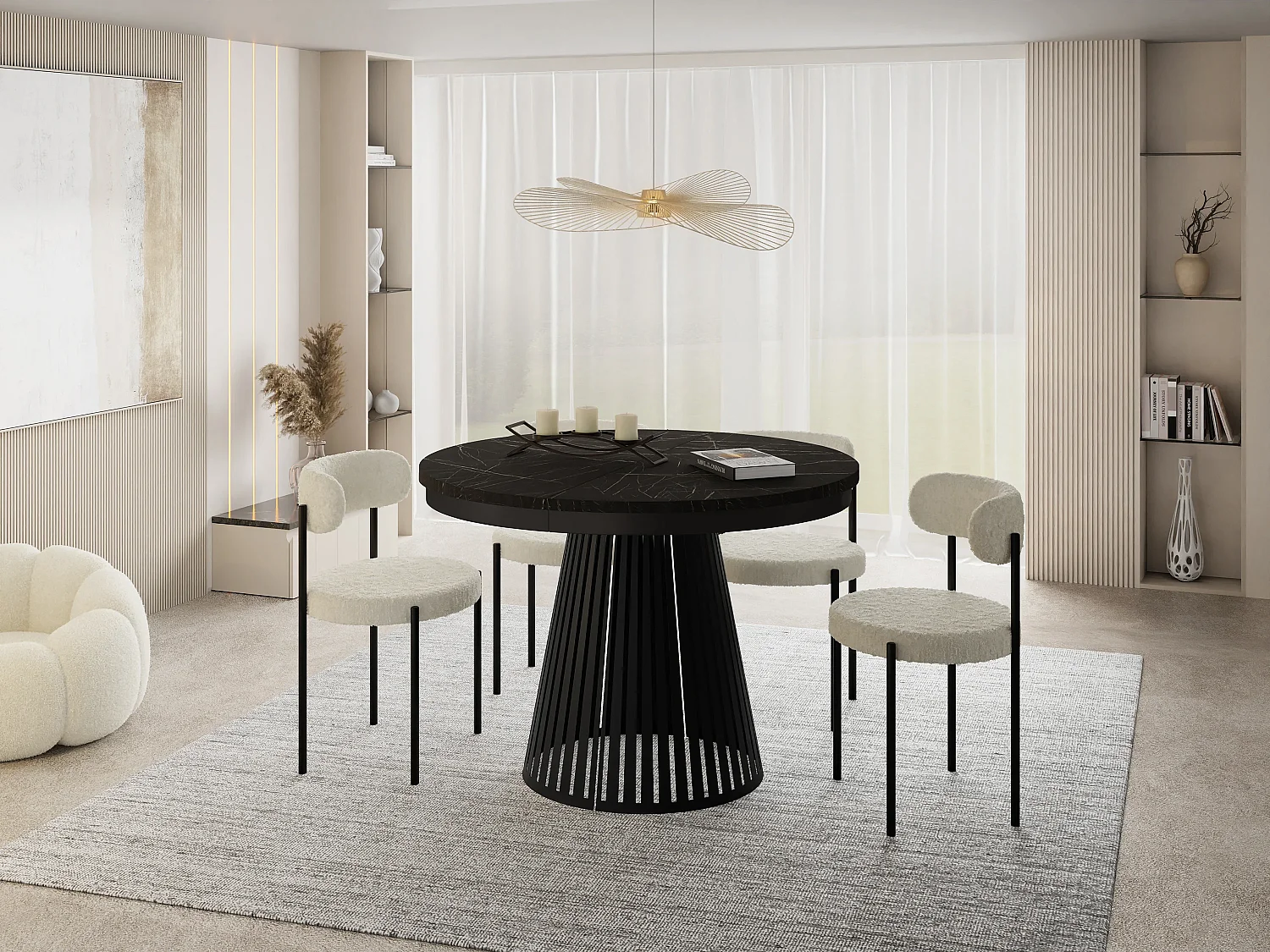 Table à Manger Ronde Extensible avec Lamelles Style Loft 120 cm – Design Industriel avec Pieds en Métal Noir, Gain de Place pour Salon, Salle à Manger – Marbre Noir