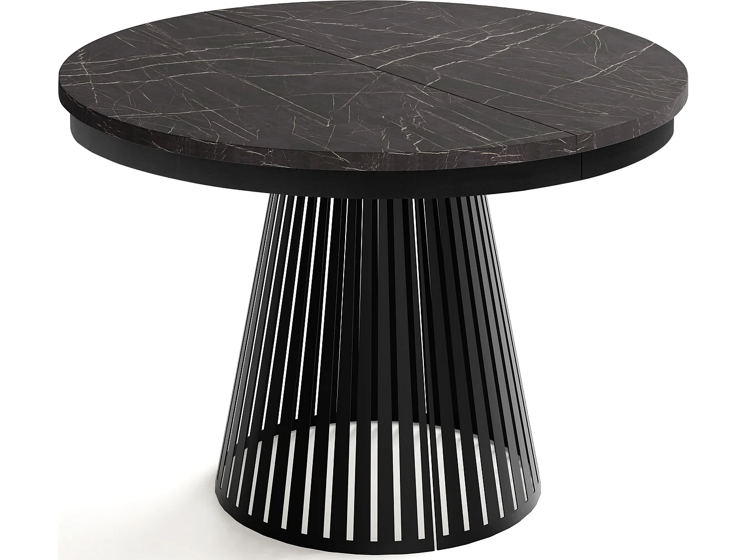 Esstisch Rund Ausziehbar mit Lamellen im Loft-Stil – 120 cm – Industrieller Tisch mit Schwarzen Metallbeinen, Platzsparend für Wohnzimmer Esszimmer – Marmor Schwarz