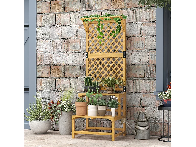 Etagère à fleurs treillis 2 niveaux avec support haut dim. 60L x 50l x 166H cm bois sapin pré-huilé