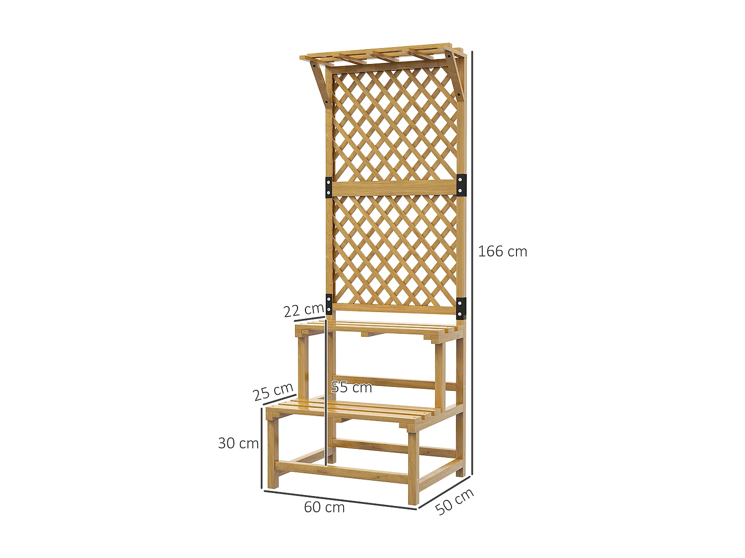 Etagère à fleurs treillis 2 niveaux avec support haut dim. 60L x 50l x 166H cm bois sapin pré-huilé