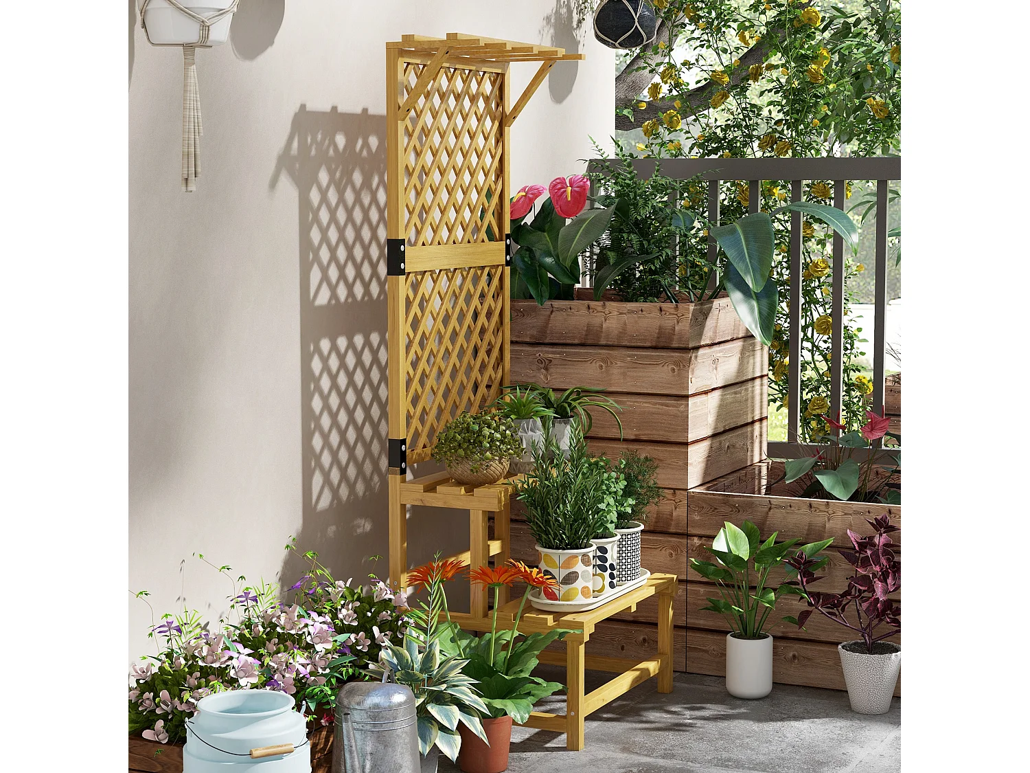 Etagère à fleurs treillis 2 niveaux avec support haut dim. 60L x 50l x 166H cm bois sapin pré-huilé