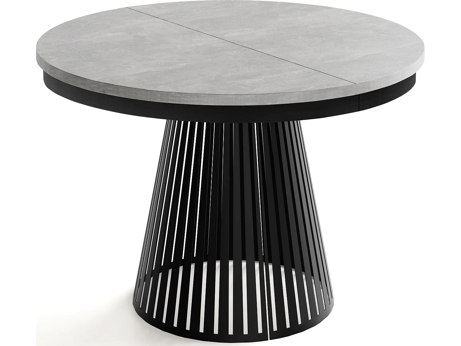 Esstisch Rund Ausziehbar mit Lamellen im Loft-Stil – 120 cm – Industrieller Tisch mit Schwarzen Metallbeinen, Platzsparend für Wohnzimmer Esszimmer – Grauer Beton