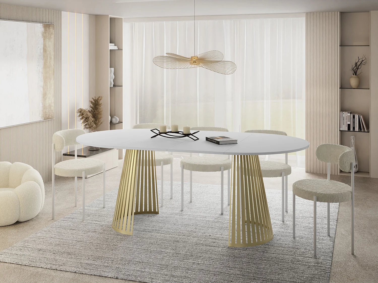 Esstisch Rund Ausziehbar mit Lamellen im Loft-Stil – 120 cm – Industrieller Tisch mit Goldenen Metallbeinen, Platzsparend für Wohnzimmer Esszimmer – Weiß