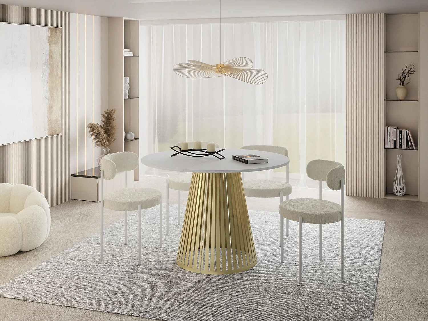 Esstisch Rund Ausziehbar mit Lamellen im Loft-Stil – 120 cm – Industrieller Tisch mit Goldenen Metallbeinen, Platzsparend für Wohnzimmer Esszimmer – Weiß