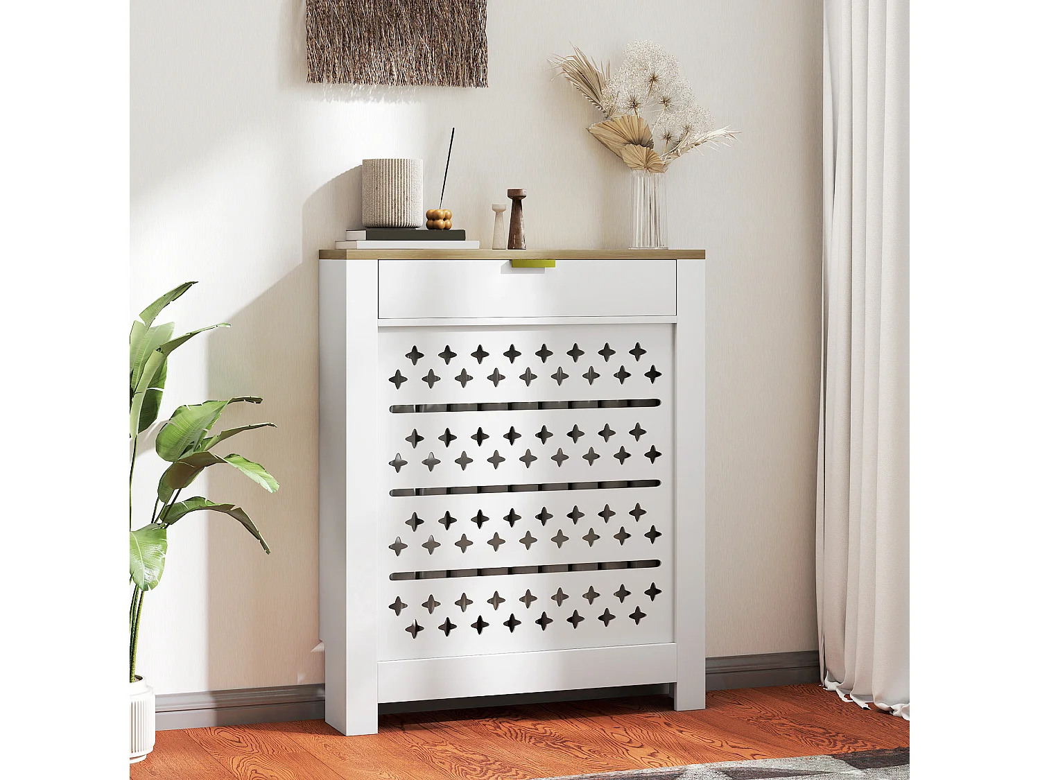 Cache-radiateur design motif étoile 1 porte dim. 78 x 19 x 95 cm doré effet bois blanc