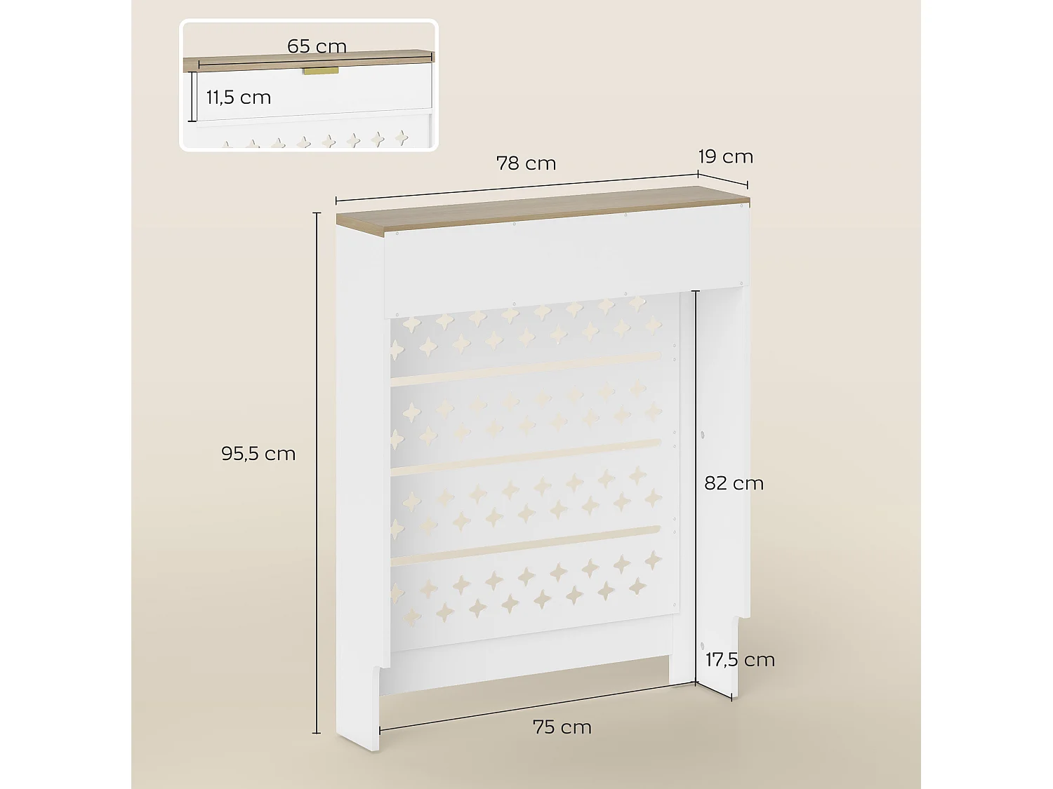 Cache-radiateur design motif étoile 1 porte dim. 78 x 19 x 95 cm doré effet bois blanc