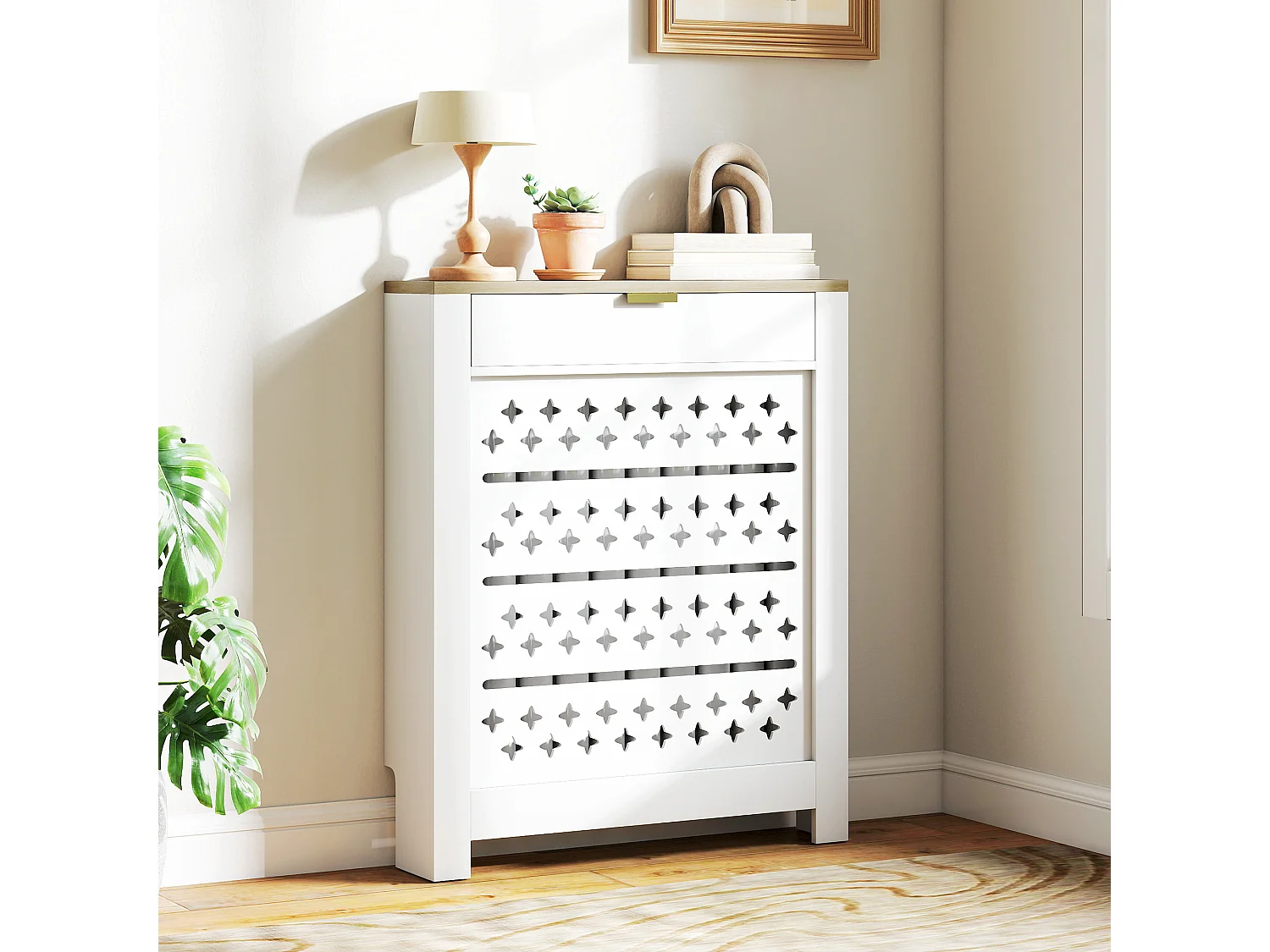 Cache-radiateur design motif étoile 1 porte dim. 78 x 19 x 95 cm doré effet bois blanc