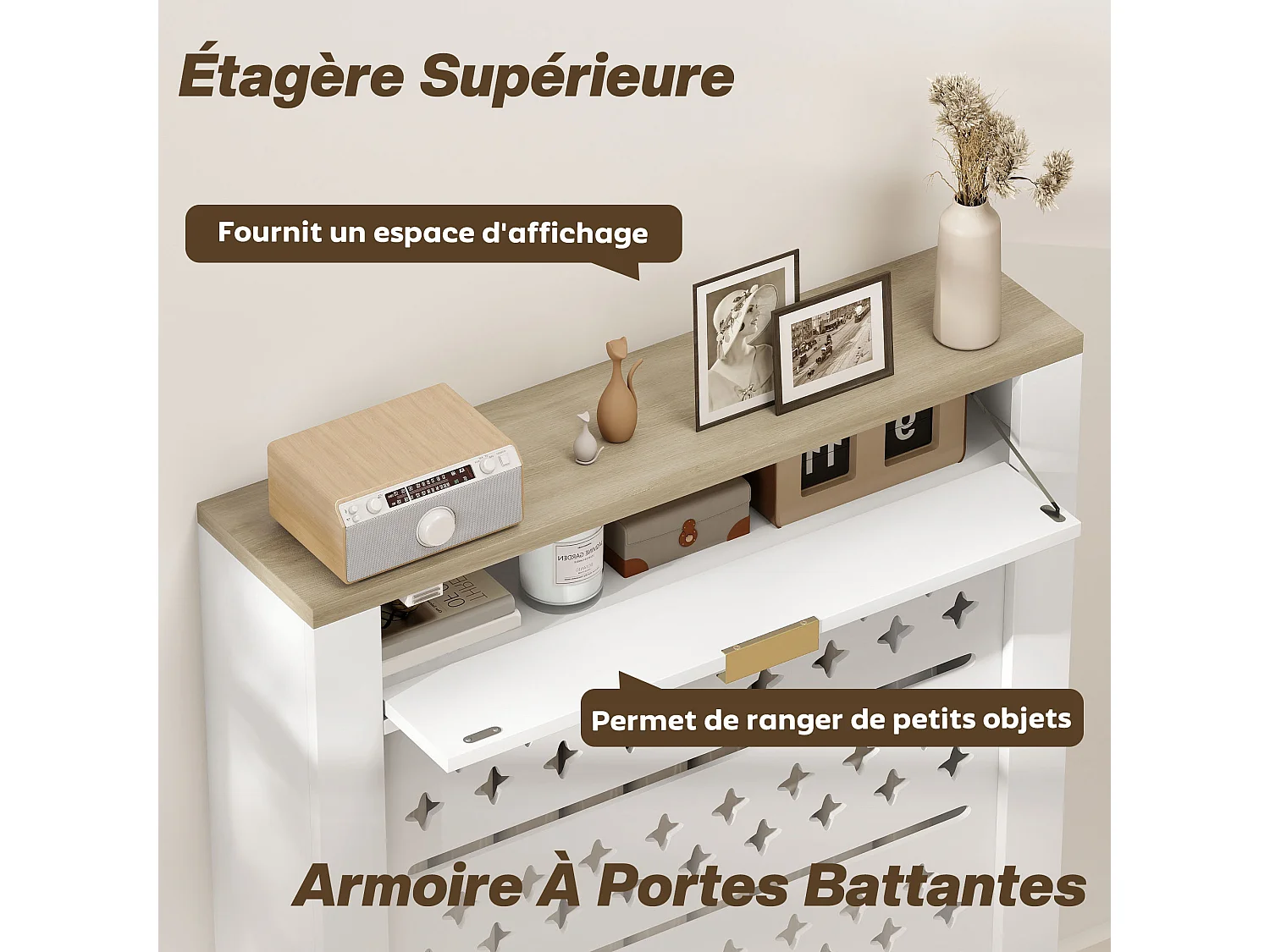 Cache-radiateur design motif étoile 1 porte dim. 78 x 19 x 95 cm doré effet bois blanc