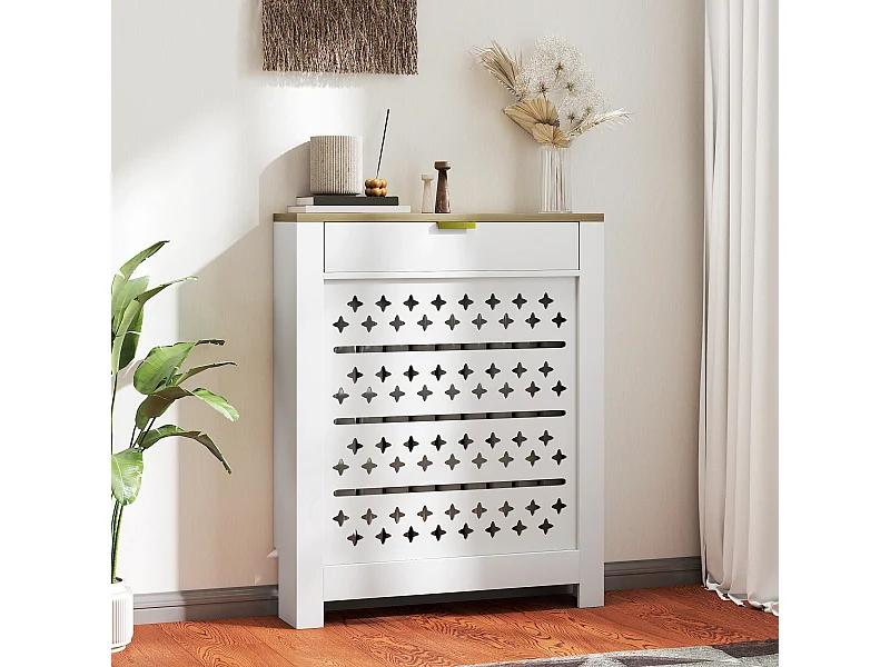 Cache-radiateur design motif étoile 1 porte dim. 78 x 19 x 95 cm doré effet bois blanc