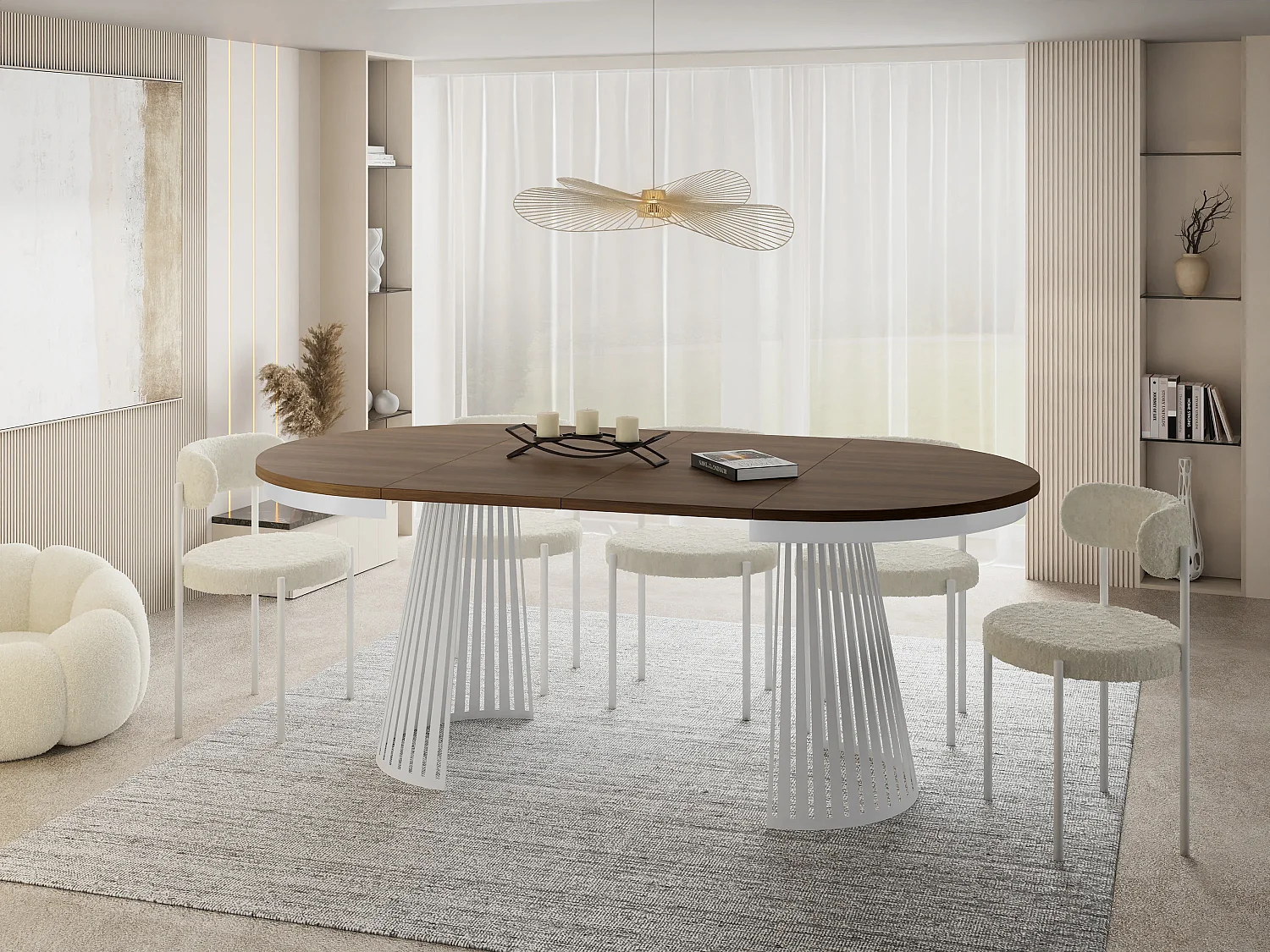 Table à Manger Ronde Extensible Style Loft – 120 à 200 cm – Design Industriel avec Pieds en Métal Blanc, Gain de Place pour Salon ou Salle à Manger – Marron Noyer