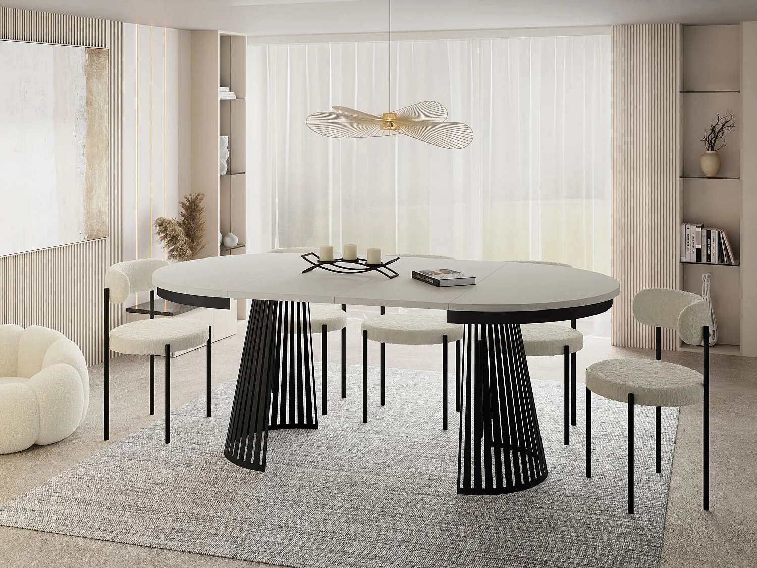 Esstisch Rund Ausziehbar mit Lamellen im Loft-Stil – 120 cm – Industrieller Tisch mit Schwarzen Metallbeinen, Platzsparend für Wohnzimmer Esszimmer – Beige Cashmere