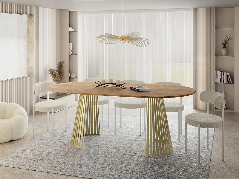 Table à Manger Ronde Extensible Style Loft – 120 cm – Design Industriel avec Pieds en Métal Doré, Gain de Place pour Salon ou Salle à Manger – Marron