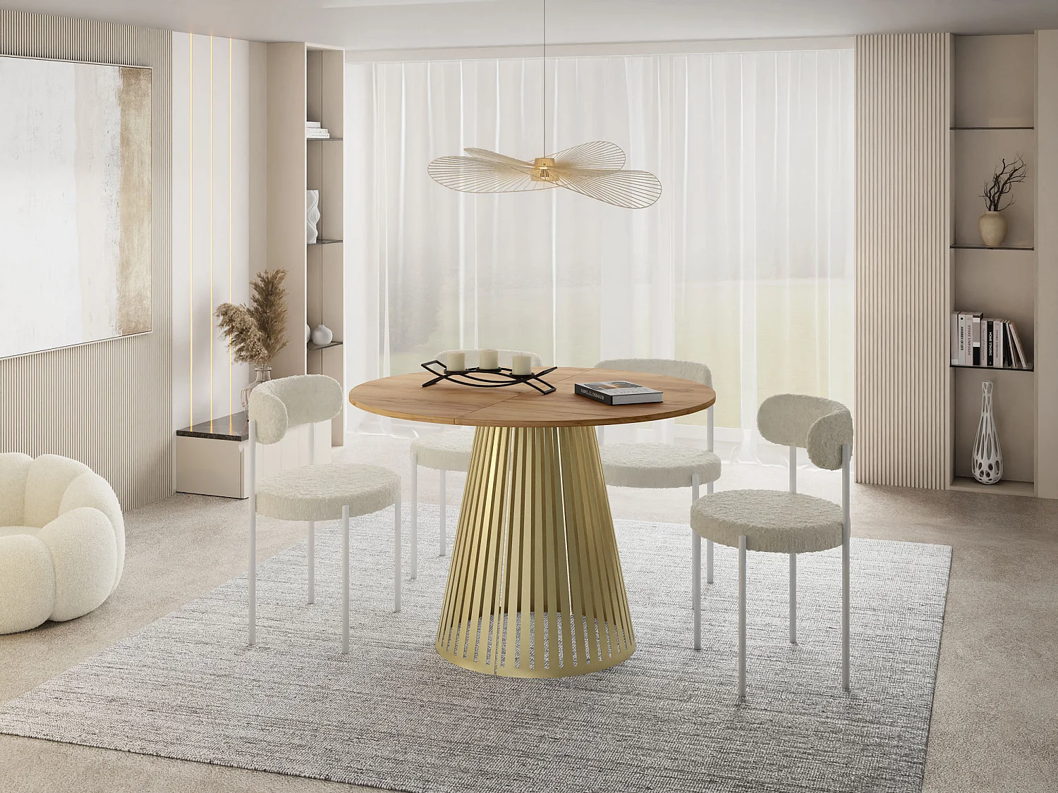 Esstisch Rund Ausziehbar mit Lamellen im Loft-Stil – 100 cm – Industrieller Tisch mit Goldenen Metallbeinen, Platzsparend für Wohnzimmer, Esszimmer – Braun
