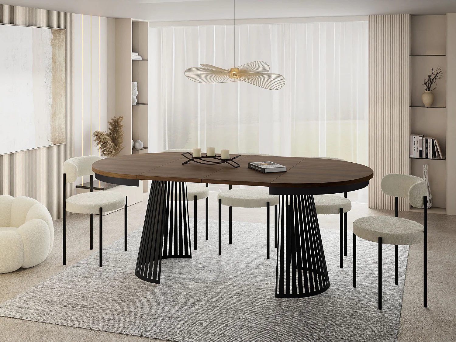 Esstisch Rund Ausziehbar mit Lamellen im Loft-Stil – 120 cm – Industrieller Tisch mit Schwarzen Metallbeinen, Platzsparend für Wohnzimmer – Walnuss Braun