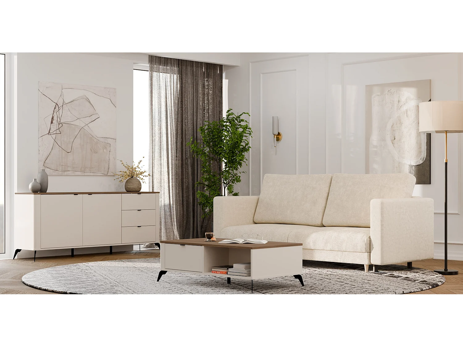 Stolik Cordoba | Beżowy | 110x63x37 cm |  Minimalistyczny Design 2 Szuflady