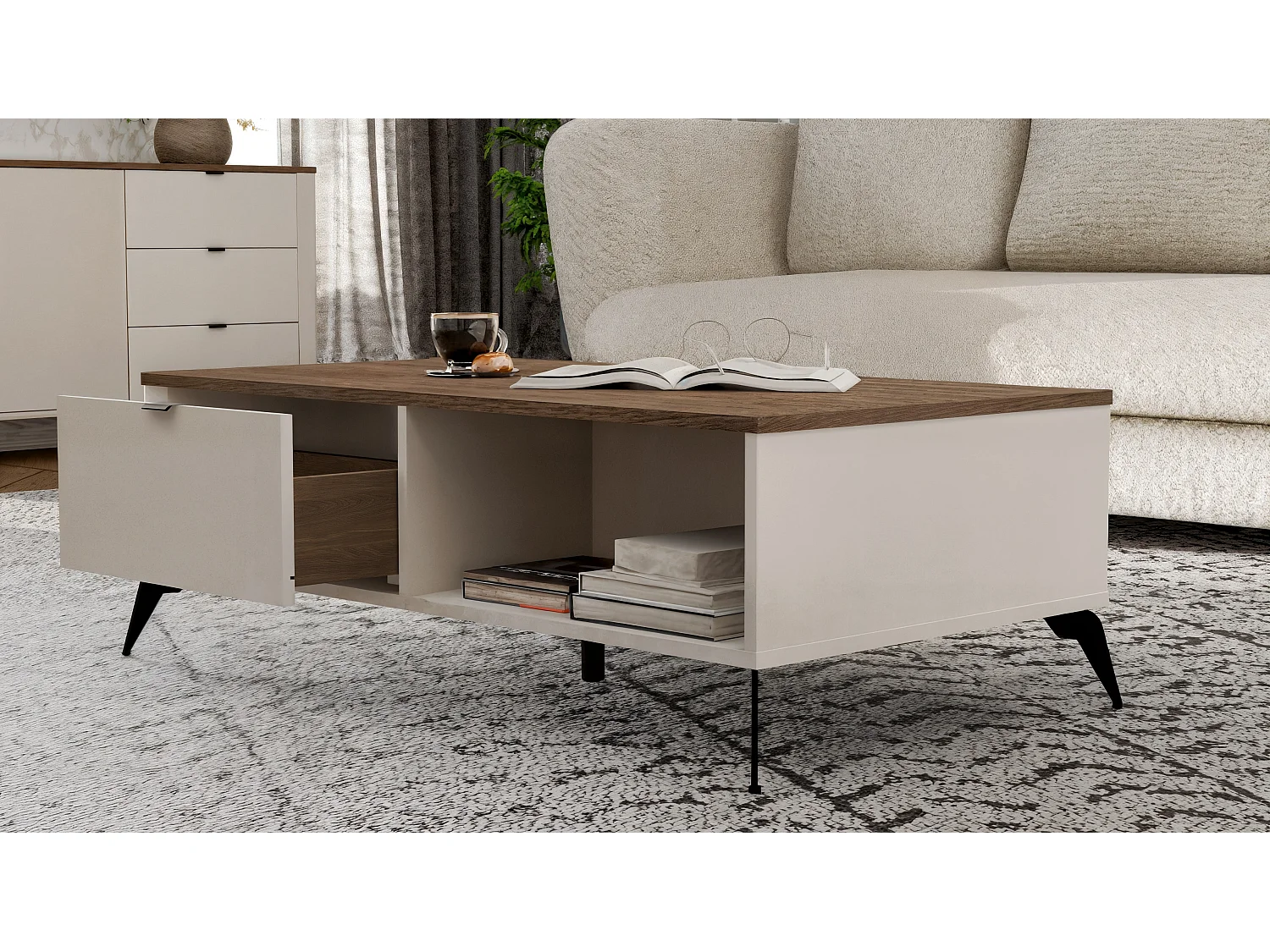 Stolik Cordoba | Beżowy | 110x63x37 cm |  Minimalistyczny Design 2 Szuflady